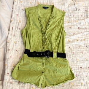 Y2K Green Reitman’s Black Belt Retro Ruffle Blouse Button Down Shirt